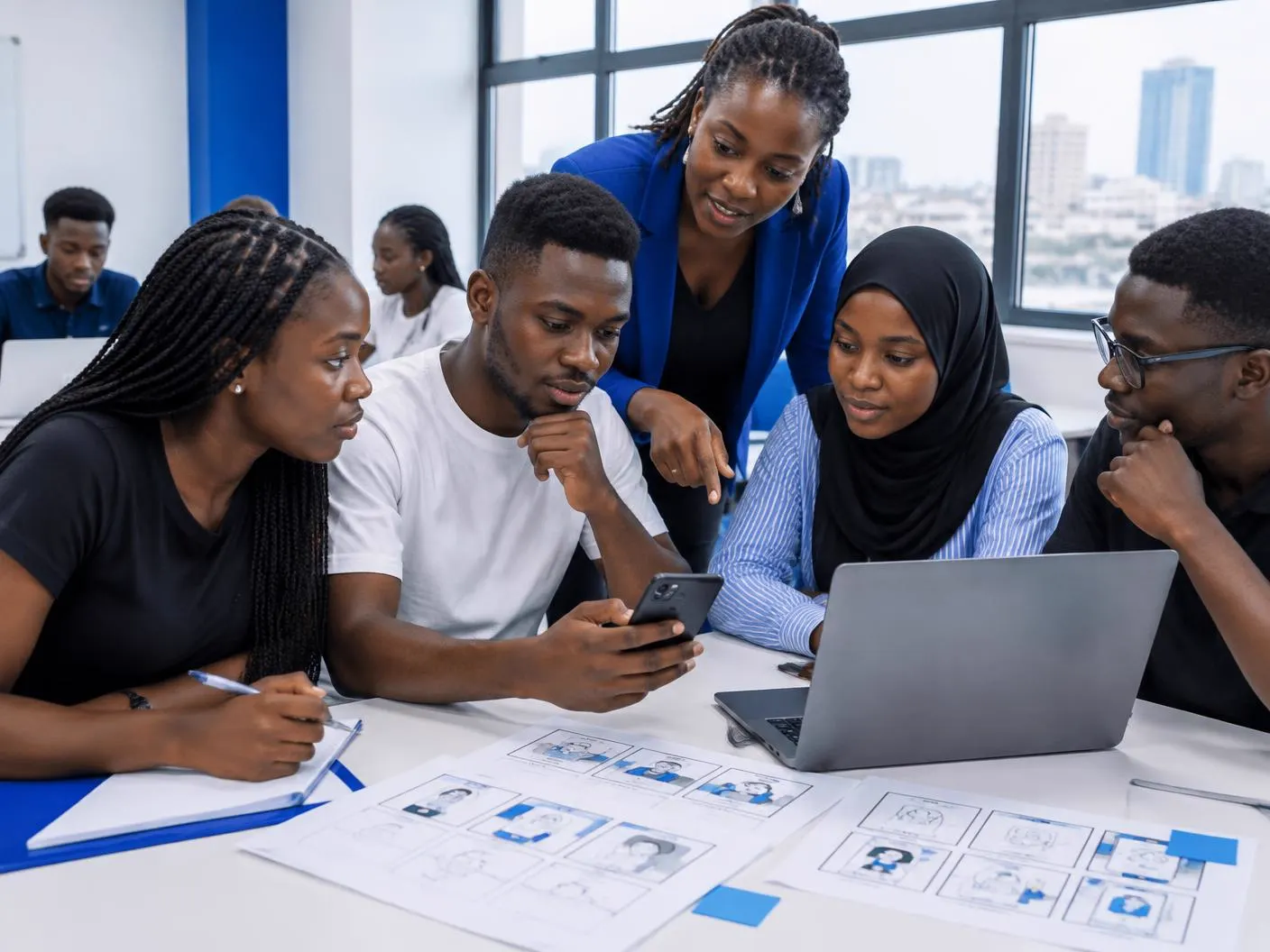 Students working together on a content marketing project