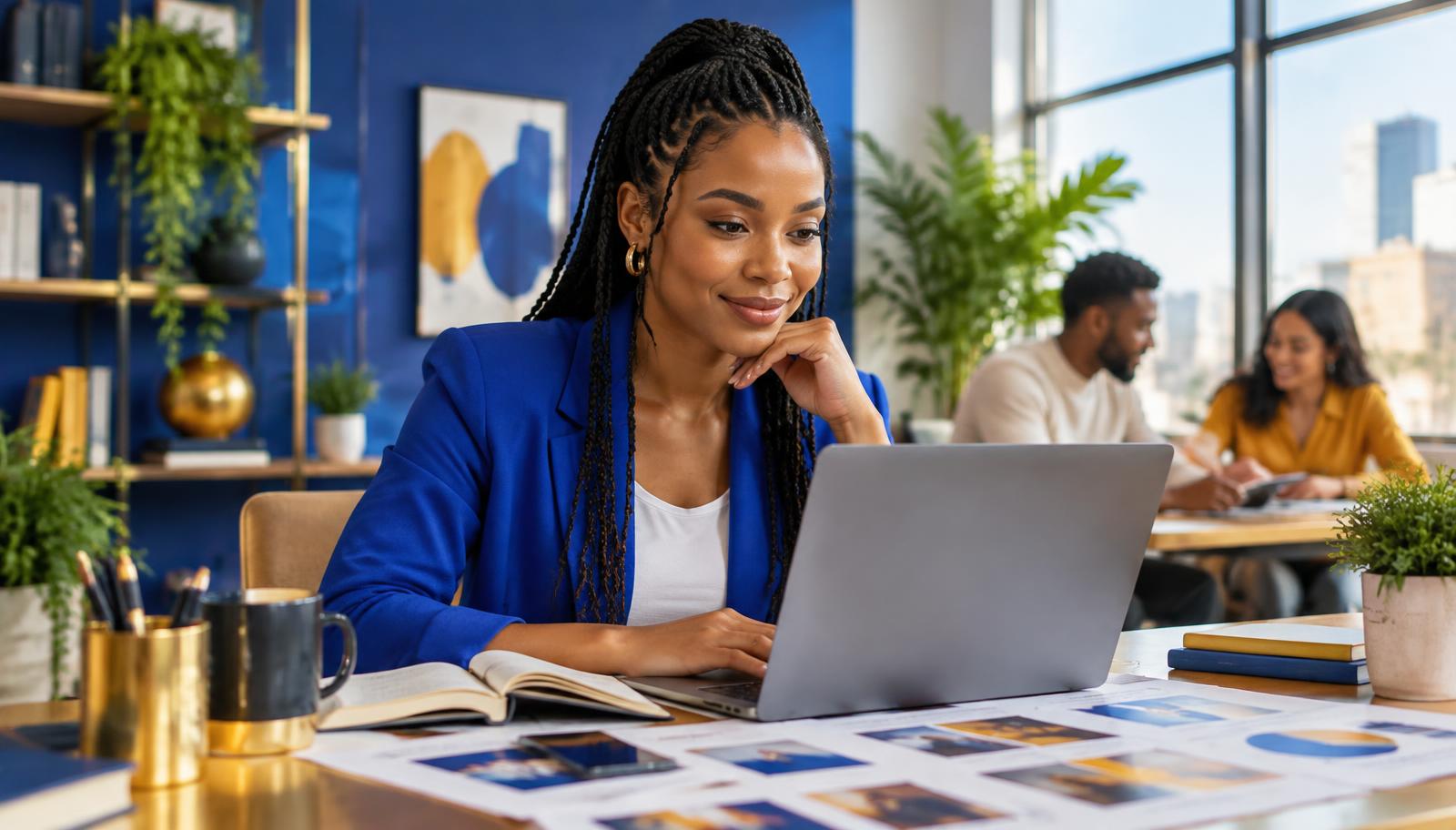 Digital marketing professional reviewing campaign work and analytics at a laptop